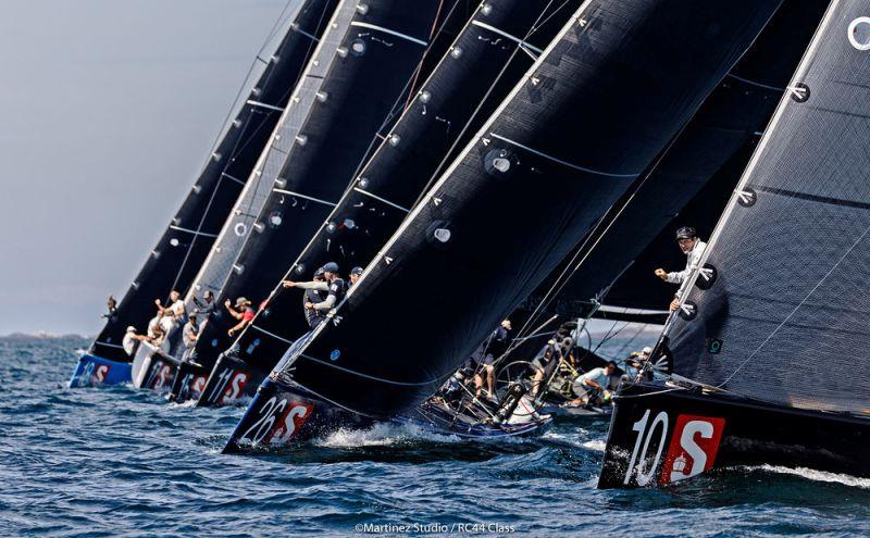 The RC44 fleet lines up for the start of practice racing off Marstrand photo copyright Nico Martinez / MartinezStudio taken at  and featuring the RC44 class