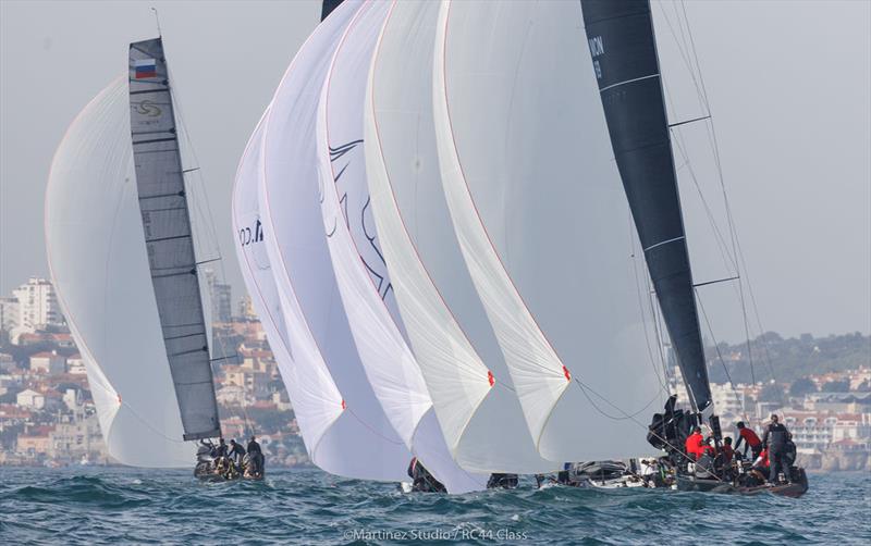 Favourable current by the shore saw most holding for as long as possible on starboard gybe on day 1 of the RC44 Cascais Cup photo copyright Nico Martinez / www.MartinezStudio.es taken at Clube Naval de Cascais and featuring the RC44 class