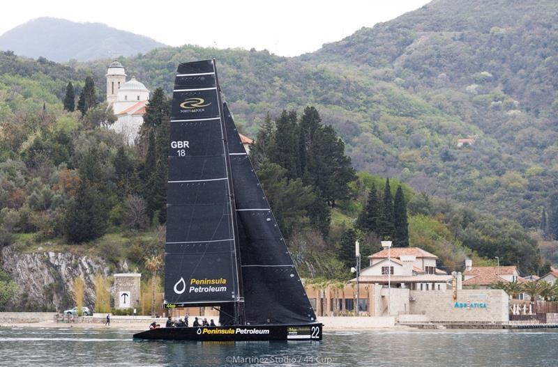 Peninsula Petroleum all but becalmed in the channel through to the Bay of Kotor - 44Cup Porto Montenegro 2019 photo copyright Nico Martinez / MartinezStudio / 44Cup taken at Porto Montenegro Yacht Club and featuring the RC44 class