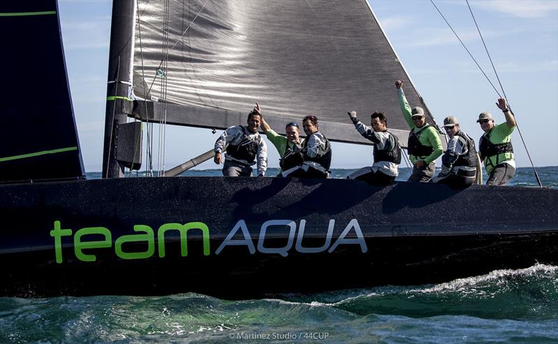 Chris Bake and the victorious crew of Team Aqua - 44Cup Cascais photo copyright Pedro Martinez / Martinez Studio taken at Porto Montenegro Yacht Club and featuring the RC44 class