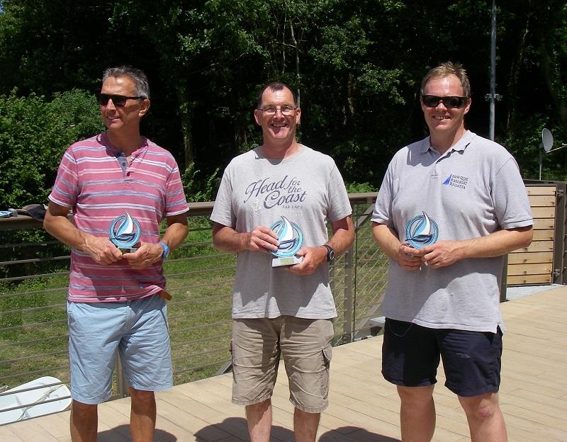 RS100 Open at Llandegfedd SC prize winners (l-r) 2nd place Mark Williams (Gurnard SC), 1st place Mark Harrison (Gurnard SC), 3rd place Tom Powell (Llandegfedd SC) - photo © Llandegfedd SC