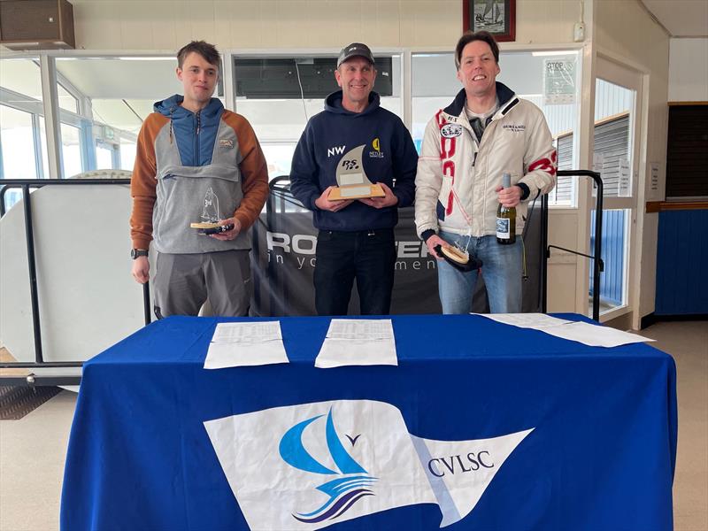Podium finishers (l-r) Jake Bowhay (3rd), Nigel Wakefield (1st) and Ian Gregory (2nd) in the RS100 Inlands at Chew Valley Lake photo copyright Gus Cameron, CVLSC taken at Chew Valley Lake Sailing Club and featuring the RS100 class