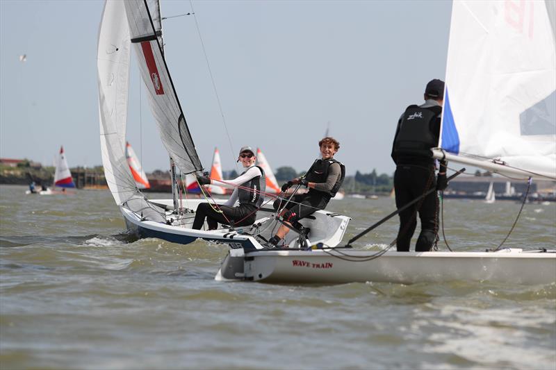All smiles for Freddie Sutton and Tom Hirst as they head to 4th overall and first double-hander in the KSSA Mid-Summer Regatta 2019 at Medway YC photo copyright Jon Bentman taken at Medway Yacht Club and featuring the RS200 class