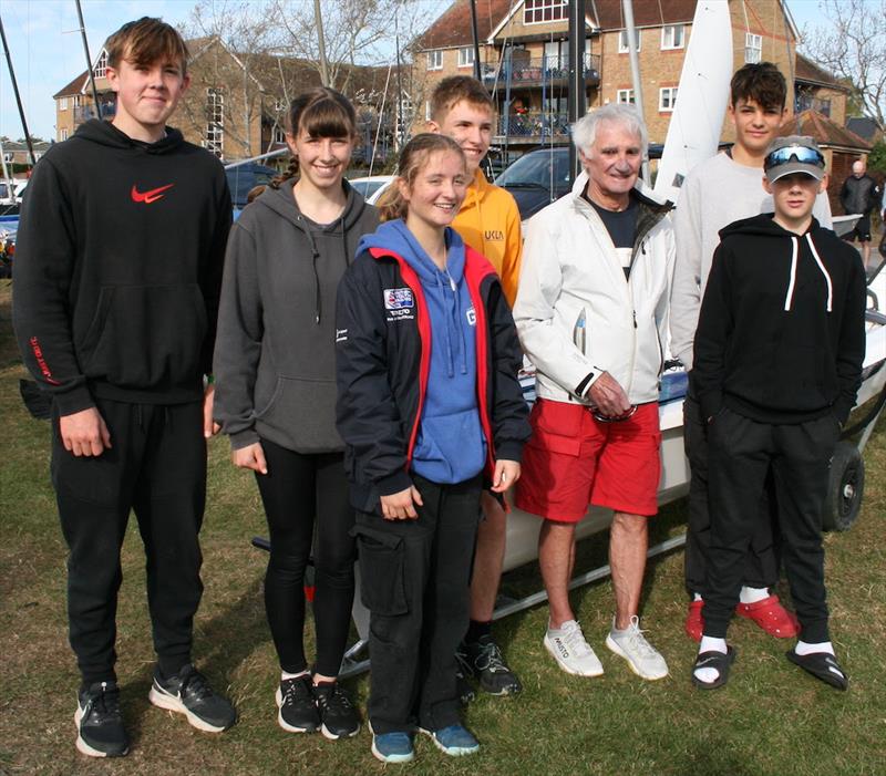 Young members of the Endeavour fleet enjoy a chat with Keith Musto (Olympic silver medalist and winner of the first ever Endeavour Trophy which took place in 1961 when he was crewing for Peter Bateman representing the International Cadet class) photo copyright Sue Pelling taken at Royal Corinthian Yacht Club, Burnham and featuring the RS200 class