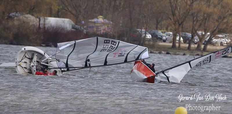 The broken boom moment when Nick Holt's finger got damaged during the RS400 Winter Championship at Leigh & Lowton photo copyright Gerard van den Hoek taken at Leigh & Lowton Sailing Club and featuring the RS400 class