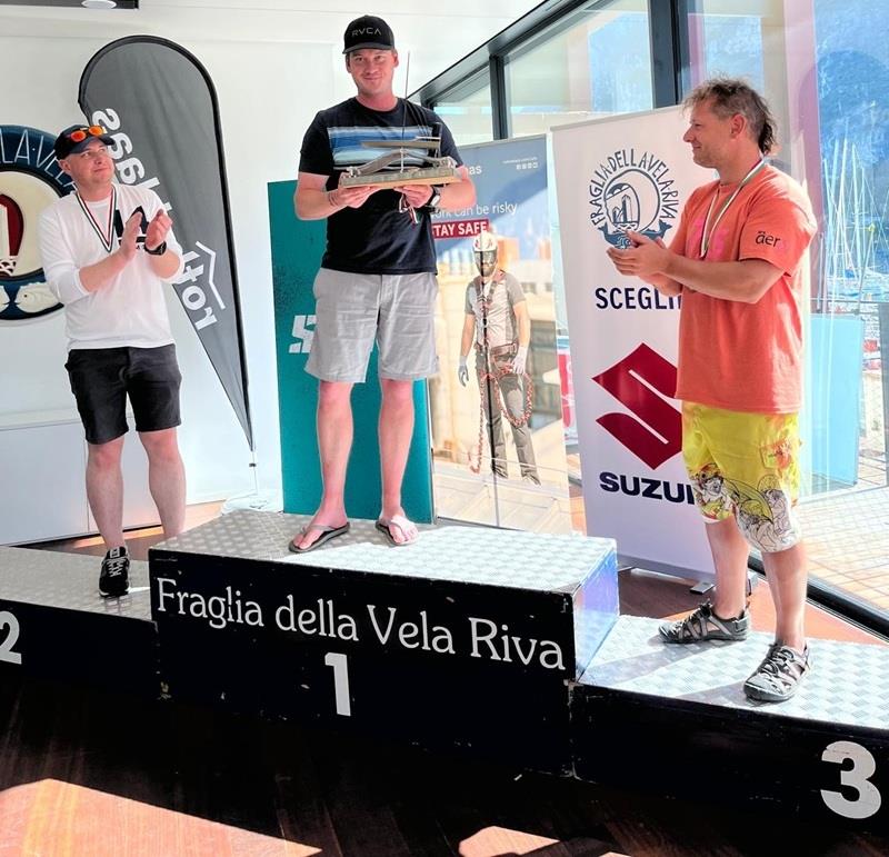 Winners podium - 2nd James Clark, 1st Rob Higgins, 3rd AdamnPhlon - Blue Garden Riva Cup 2025 RS700 European Championships - photo © RS Class Association