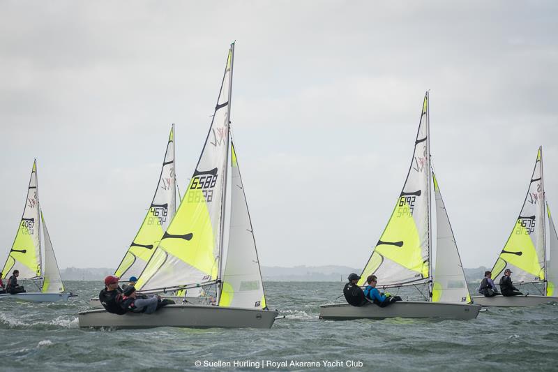 Eli Liefting and Rose Dickson leading the fleet during the New Zealand RS Feva Nationals photo copyright Suellen Davies taken at Royal Akarana Yacht Club and featuring the RS Feva class