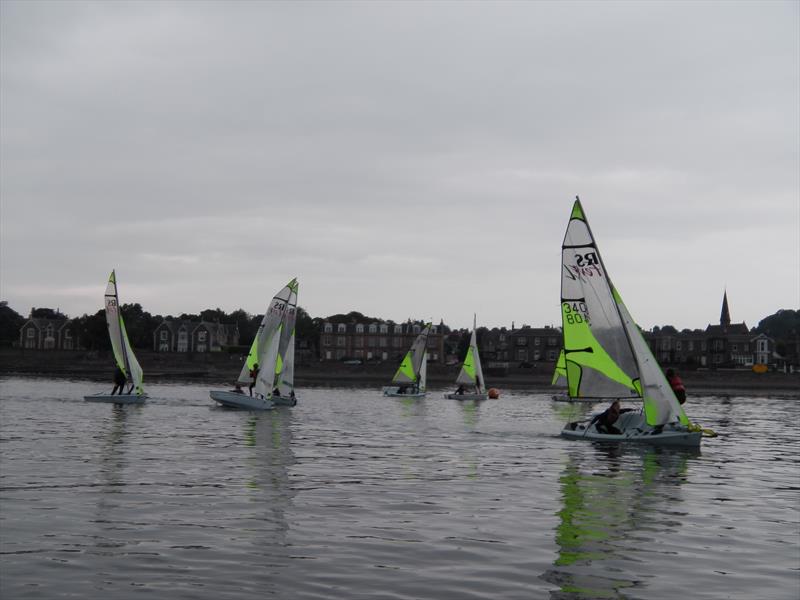 Tight competition in the rocking and rolling race as the fleet waits for breeze during the Royal Tay Scottish RS Feva event - photo © Matt Toynbee