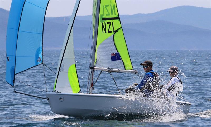 New Zealand crews in action on Day 1 of the 2019 RS Feva World Championships, Follonica Bay, Italy photo copyright Elena Giolai / Fraglia Vela Riva taken at Gruppo Vela L.N.I. Follonica and featuring the RS Feva class