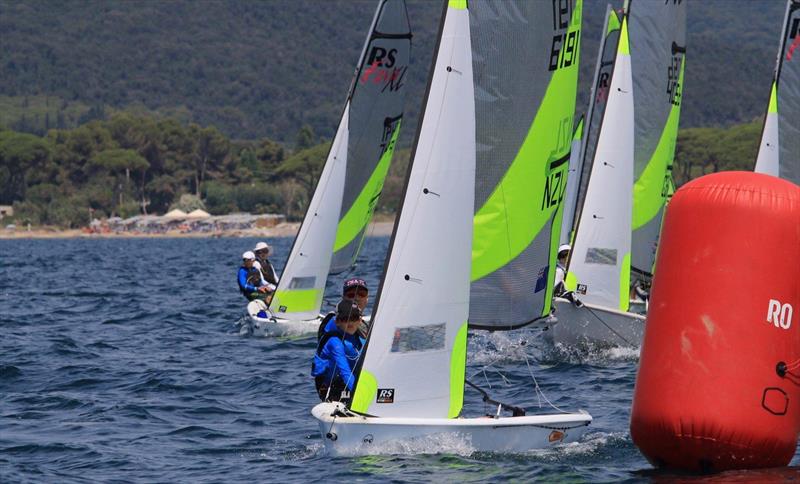 Simon Cooke and Oscar Masfen (NZL) in action on Day 1 of the 2019 RS Feva World Championships, Follonica Bay, Italy photo copyright Elena Giolai / Fraglia Vela Riva taken at Gruppo Vela L.N.I. Follonica and featuring the RS Feva class