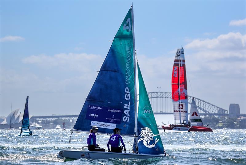 Young sailors take part in the Inspire RS Sailing program look on as Denmark SailGP Team presented by ROCKWOOL helmed by Nicolai Sehested sails past on Australia Sail Grand Prix presented by KPMG Race Day 1 photo copyright Phil Hilyard for SailGP taken at Hornsby Ku-ring-gai Sailing Club and featuring the RS Feva class