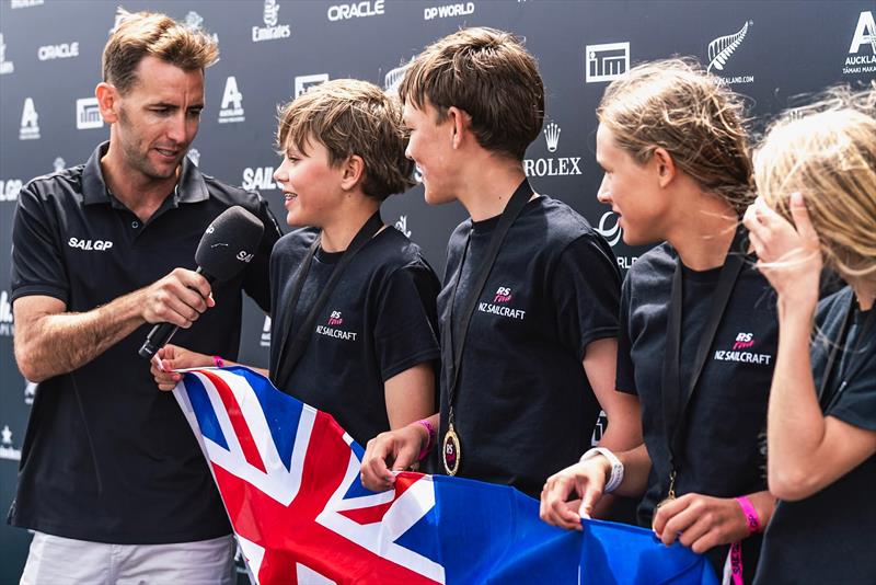 Matteo Barker and Blake Battten with first girls Zofia Wells and Charlotte Handley, on the SailGP main stage prizegiving - January 2025 - photo © SailGP