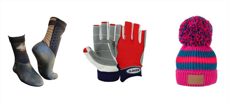 Atan Gecko Wetsuit Boots from the OTC; Azure Sailing Gloves; Swimbler waterproof bobblehats photo copyright RYA taken at RYA Dinghy Show and featuring the  class