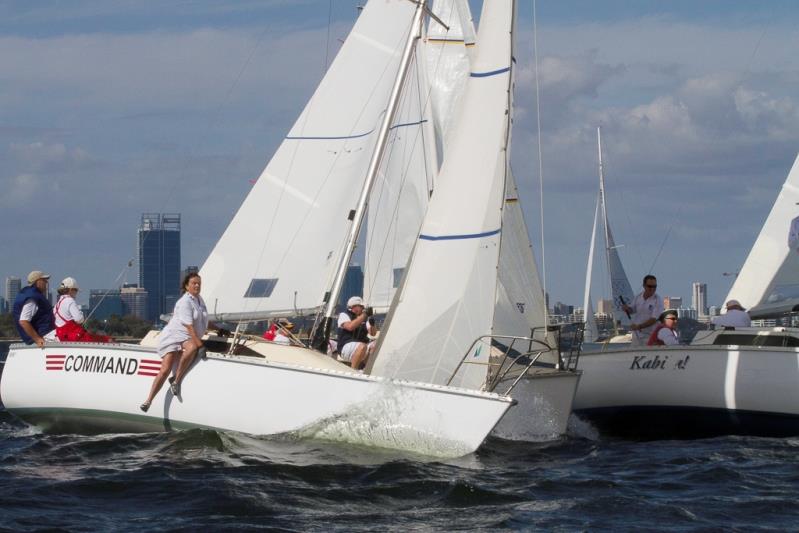 There was a frantic rush for the staboard end of the line, hoping for an inside run at the first mark – S80 Legends Race photo copyright Bernie Kaaks taken at Royal Perth Yacht Club and featuring the S80 class