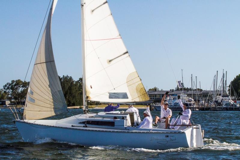 Winners – A delighted John Hassen punches the air after recording a convincing win – S80 Legends Race photo copyright Bernie Kaaks taken at Royal Perth Yacht Club and featuring the S80 class