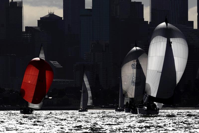 Spinnaker run with dramatic Melbourne city backdrop - Australian Women's Keelboat Regatta photo copyright Andrea Francolini / AWKR taken at Royal Melbourne Yacht Squadron and featuring the S80 class