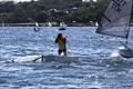 Sabot sailing is serious fun – most of the time…. Lucky he's tough, resilience training for Leo Pirret (7052, Easy Tiger, Race 5, coming 4th when he dropped his rig) © Sam Gong