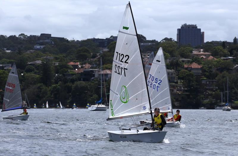 Fast flat sabot sailing - Keisha Day (7122, Holy Guacamole) with Leo Pirret (7052, Easy Tiger) and Aidan Nosworthy (7079, Red Herring) photo copyright Sam Gong taken at Lane Cove 12ft Sailing Skiff Club and featuring the Sabot class