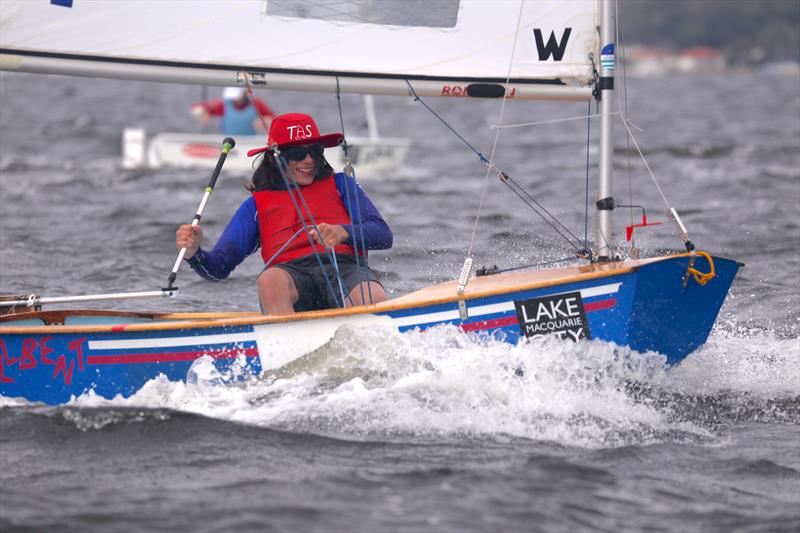 Wellington Adams, sailing Wellbent from Kingston Beach Sailing Club, Tasmania, is proof that Sabot Sailing is serious fun! photo copyright Sam Gong taken at Teralba Amateur Sailing Club and featuring the Sabot class