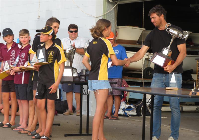 Thanks to Iain Jensen for presenting the Championship trophies – the kids also enjoyed a Q&A session with Iain, a former Lake Macquarie sabot sailor, during the 58th Sabot National Championship photo copyright Sam Gong taken at Teralba Amateur Sailing Club and featuring the Sabot class