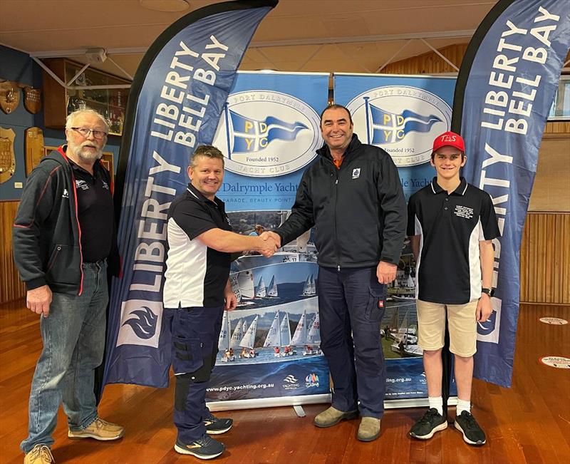 L-R: PDYC Commodore Barrie Mcindoe, TSSA President Michael Jones, Liberty Bell Bay CEO Richard Curtis, Sabot sailor Liam Jones photo copyright Tasmanian Sabot Sailing Association taken at  and featuring the Sabot class