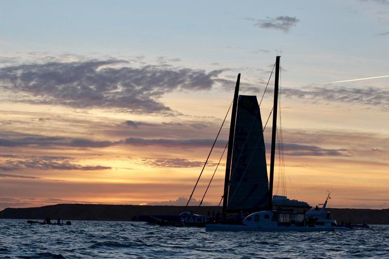 First images of the trimaran MACIF and Francois Gabart as they arrive in Brest after the record time for a solo circumnavigation - photo © Jean-Marie Liot