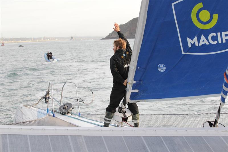 First images of the trimaran MACIF and Francois Gabart as they arrive in Brest after the record time for a solo circumnavigation - photo © Jean-Marie Liot