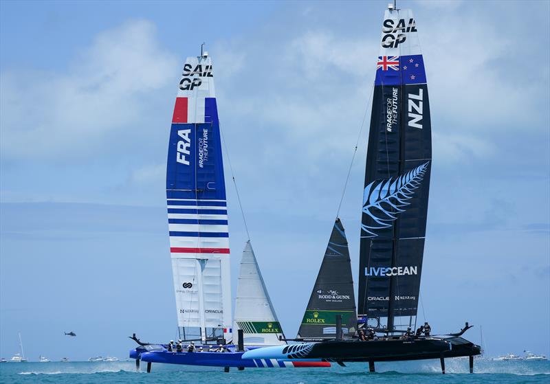 France SailGP Team  and New Zealand SailGP Team practising ahead of the first race  - Race Day 2 of Bermuda SailGP Season 3, Bermuda. May 2022 photo copyright Bob Martin/SailGP taken at Royal Bermuda Yacht Club and featuring the  class