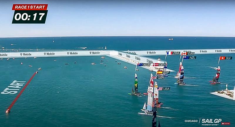 SailGP Chicago start graphic - F50's exit between two Piers to make their final approach to the favoured end of the start-line - Day 1, June 2022  - photo © SailGP