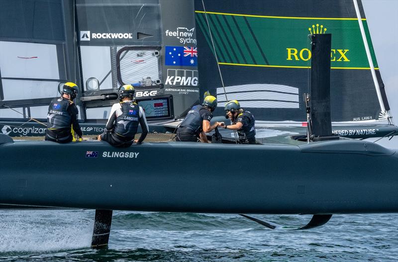 Australia SailGP Team helmed by Tom Slingsby in action during a practice session ahead of the ROCKWOOL Denmark Sail Grand Prix in Copenhagen, Denmark photo copyright Bob Martin for SailGP taken at  and featuring the  class