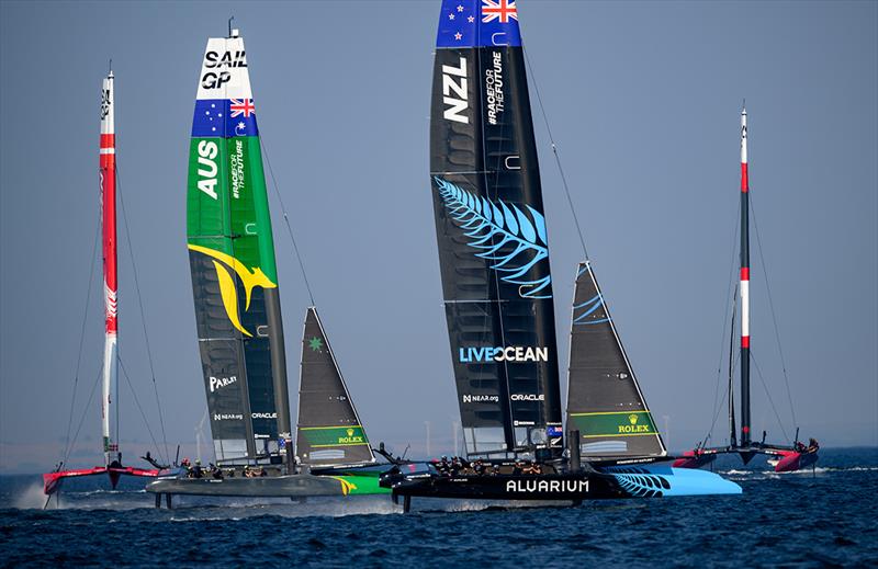 Denmark SailGP Team presented by ROCKWOOL, Australia SailGP Team, New Zealand SailGP Team and Switzerland SailGP Team during a practice session ahead of the ROCKWOOL Denmark Sail Grand Prix in Copenhagen, Denmark photo copyright Ricardo Pinto for SailGP taken at  and featuring the  class