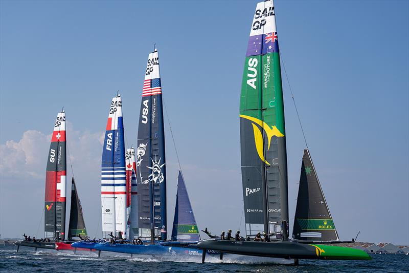 Switzerland SailGP Team, France SailGP Team, USA SailGP Team and Australia SailGP Team in action during a practice session ahead of the ROCKWOOL Denmark Sail Grand Prix in Copenhagen, Denmark - photo © Bob Martin for SailGP