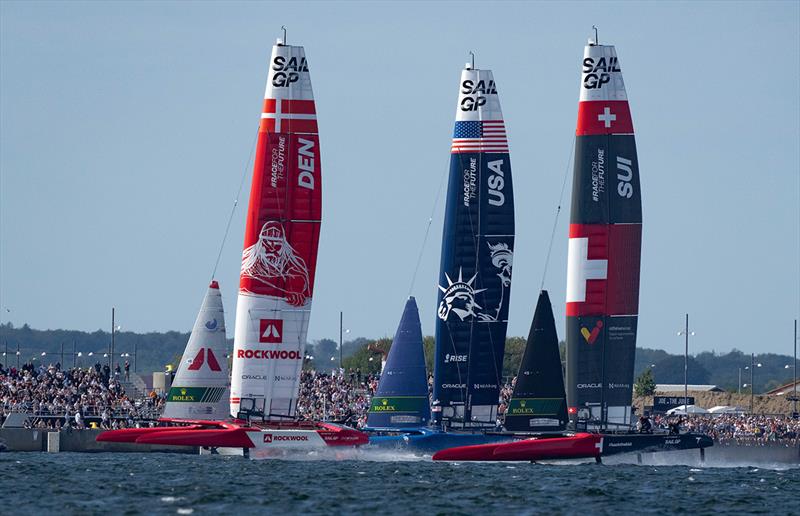 Denmark SailGP Team presented by ROCKWOOL, USA SailGP Team helmed by Jimmy Spithill and Switzerland SailGP Team helmed by Nathan Outteridge sail past spectators at the Race Village on Race Day 2 of the ROCKWOOL Denmark Sail Grand Prix - photo © Bob Martin for SailGP