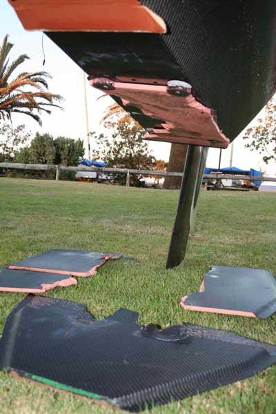 Sailrocket's 'blown tire' - the rear planing surface in pieces photo copyright SailRocket taken at  and featuring the Sailrocket class