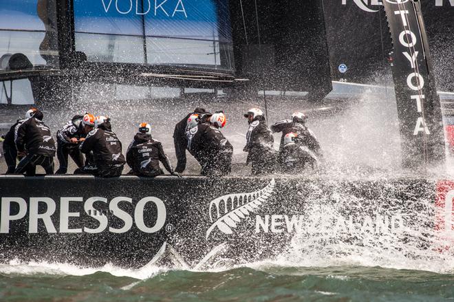 Emirates Team New Zealand waiting for the start of race four of the Louis Vuitton Cup finals which is eventually postponed due to increasing wind strength. 19/8/2013 &copy; Chris Cameron/ETNZ http://www.chriscameron.co.nz