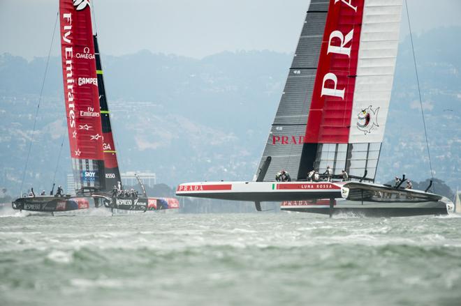 Emirates New Zealand rounds leads against Luna Rossa Challenge of Italy in the sixth race on day five of the Louis Vuitton finals . 23/8/2013. © Chris Cameron/ETNZ http://www.chriscameron.co.nz