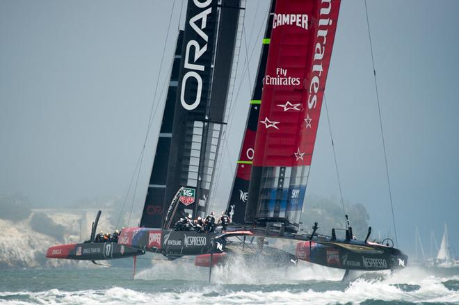 Emirates Team New Zealand and Oracle Team USA. Race three of the America’s Cup 34 in San Francisco on day two. 8/9/2013 © Chris Cameron/ETNZ http://www.chriscameron.co.nz