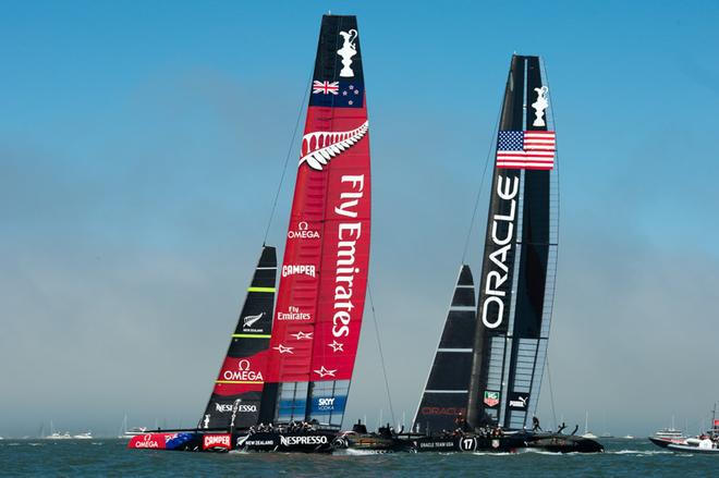Emirates Team New Zealand leads against Oracle Team USA. Race three of the America’s Cup 34 in San Francisco on day two. 8/9/2013 © Chris Cameron/ETNZ http://www.chriscameron.co.nz