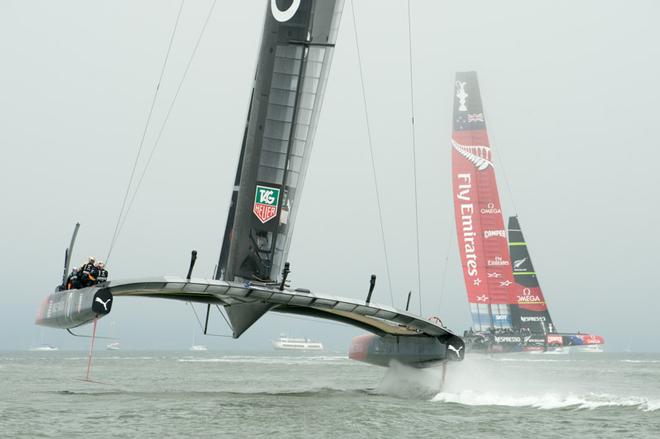 Oracle Team USA follows Emirates Team New Zealand around the top mark. Race three of the America’s Cup 34 in San Francisco on day two. 8/9/2013 © Chris Cameron/ETNZ http://www.chriscameron.co.nz