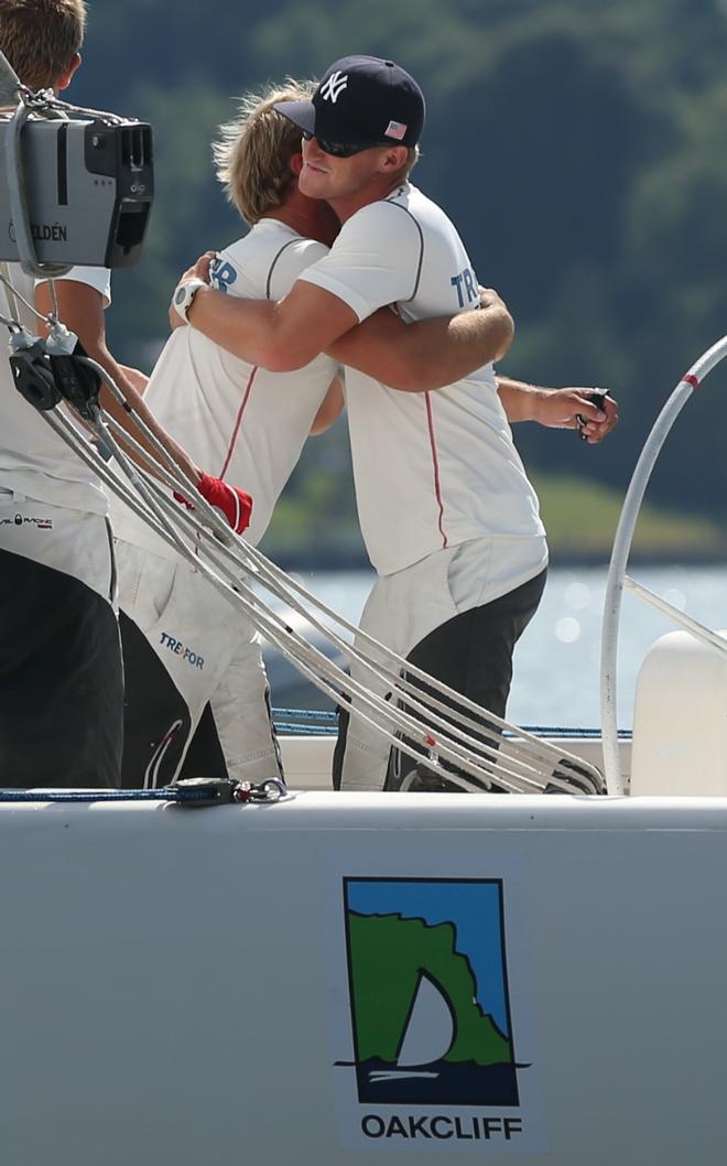 Skipper Nicolai Sehested (Right), celebrates with bowman Jay Halligna after winning  © Oakcliff Sailing Press