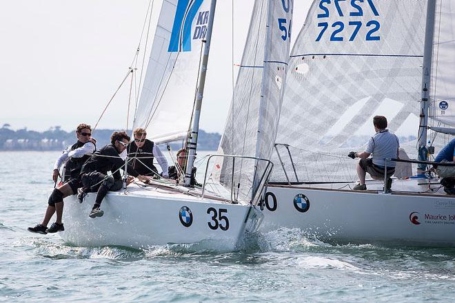 Howth Yacht Club, Co. Dublin, Ireland; Monday 26th August 2013: German entry Rotoman edges ahead of Ireland’s Stefan Hyde in the opening race of the BMW J24 World Championship at Howth Yacht Club yesterday (Monday) where 40 boats from ten nations are competing this week. © David Branigan/Oceansport http://www.oceansport.ie/