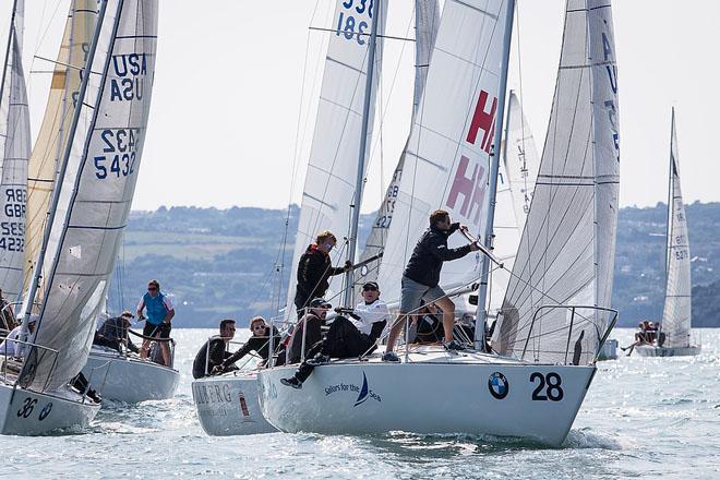 Howth Yacht Club, Co. Dublin, Ireland; Monday 26th August 2013: Tim Healy’s Helly Hansen from Newport, Rhode Island on day one of the BMW J24 World Championships at Howth Yacht Club where 40 crews from ten nations are competing on the course area between Ireland’s Eye and Lambay Island. © David Branigan/Oceansport http://www.oceansport.ie/