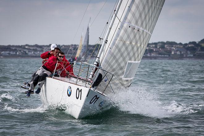 Howth Yacht Club, Co. Dublin, Ireland; Wednesday 28th August 2013: Defending world champion Mauricio Santa Cruz from Rio de Janeiro and his crew on Bruschetta who took the overall lead of the BMW J24 World Championships at Howth Yacht Club. © David Branigan/Oceansport http://www.oceansport.ie/