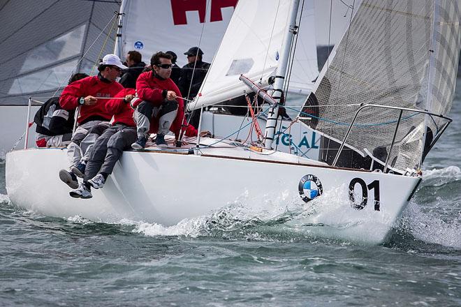 Howth Yacht Club, Co. Dublin, Ireland; Wednesday 28th August 2013: Defending world champion Mauricio Santa Cruz from Rio de Janeiro and his crew on Bruschetta who took the overall lead of the BMW J24 World Championships at Howth Yacht Club. © David Branigan/Oceansport http://www.oceansport.ie/