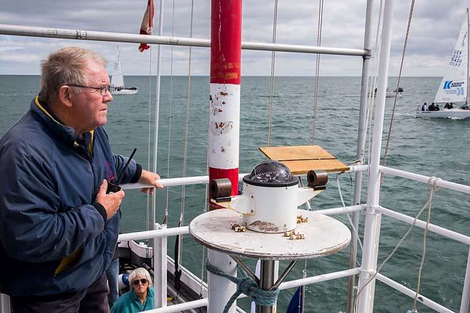 Howth Yacht Club, Co. Dublin, Ireland; Thursday 29th August 2013: Principal Race Officer David Lovegrove checks the starting-line before a race sequence begins during the BMW J24 World Championships at Howth Yacht Club. © David Branigan/Oceansport http://www.oceansport.ie/