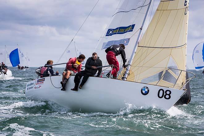 Howth Yacht Club, Co. Dublin, Ireland; Thursday 29th August 2013: The Howth Yacht Club Under 25 keelboat team competing on Euro Car Parks in Race 7 of the BMW J24 World Championships off Ireland’s Eye. © David Branigan/Oceansport http://www.oceansport.ie/