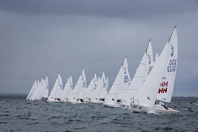 Howth Yacht Club, Co. Dublin, Ireland; Friday 30th August 2013: Tim Healy (right) and the crew of Helly Hansen from Sail Newport (USA) start the final race before taking overall victory on the final day of the BMW J24 World Championships at Howth Yacht Club. © David Branigan/Oceansport http://www.oceansport.ie/