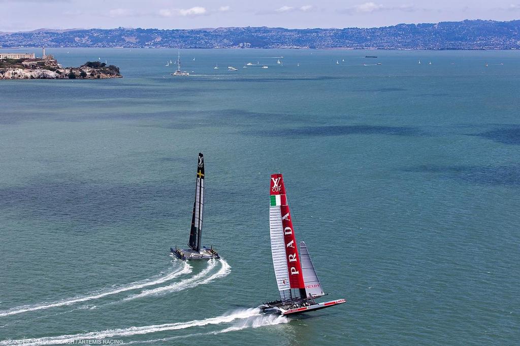 Artemis Racing trails Luna Rossa - Louis Vuitton Cup - Semi Finals.  6th of August, 2013, San Francisco &copy; Sander van der Borch / Artemis Racing http://www.sandervanderborch.com