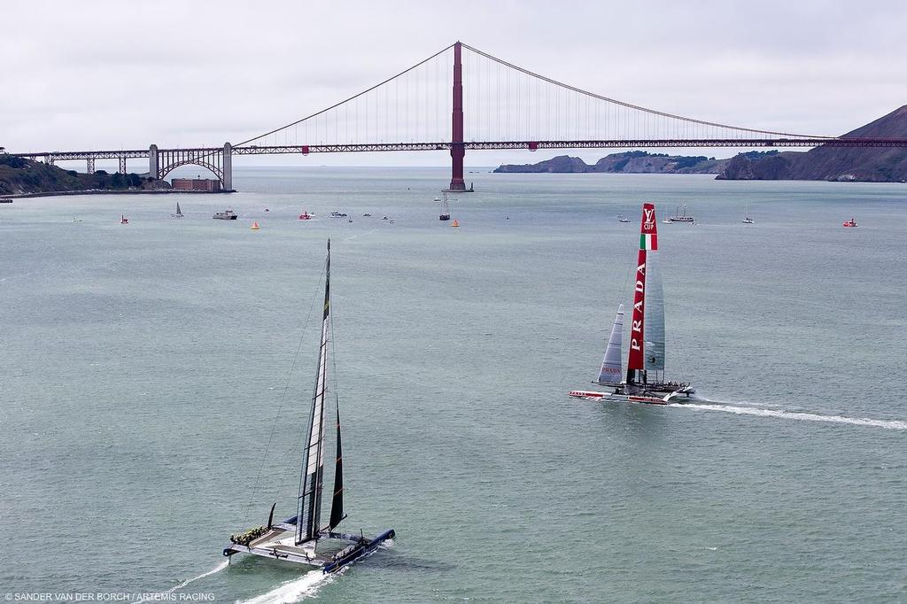 Artemis Racing trails Luna Rossa - Louis Vuitton Cup - Semi Finals.  6th of August, 2013, San Francisco &copy; Sander van der Borch / Artemis Racing http://www.sandervanderborch.com