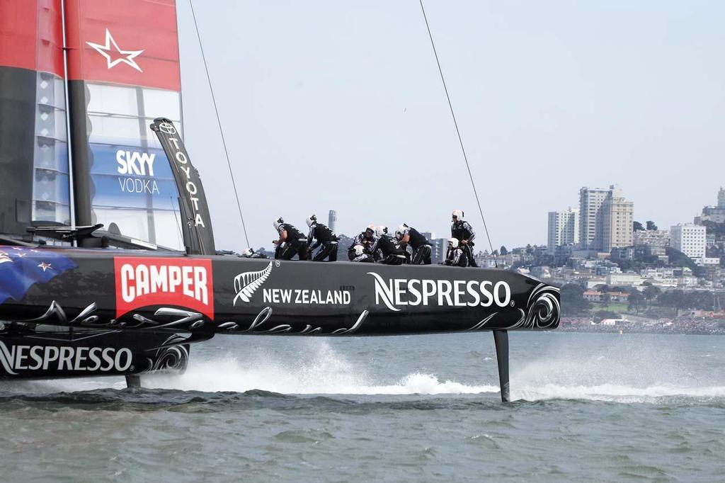Close up of Emirates Team NZ on her foils during race 5 on day 3 of the 34th America's Cup photo copyright Chuck Lantz http://www.ChuckLantz.com taken at  and featuring the  class